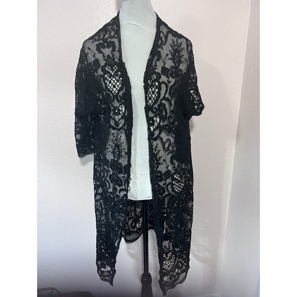 Mi Ami Boho Floral Lace Kimono Sleeve Embroidered Duster Sweater Black Size L